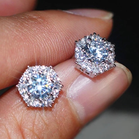 Hexagon Diamond Halo Stud Earrings - Picture 5 of 9